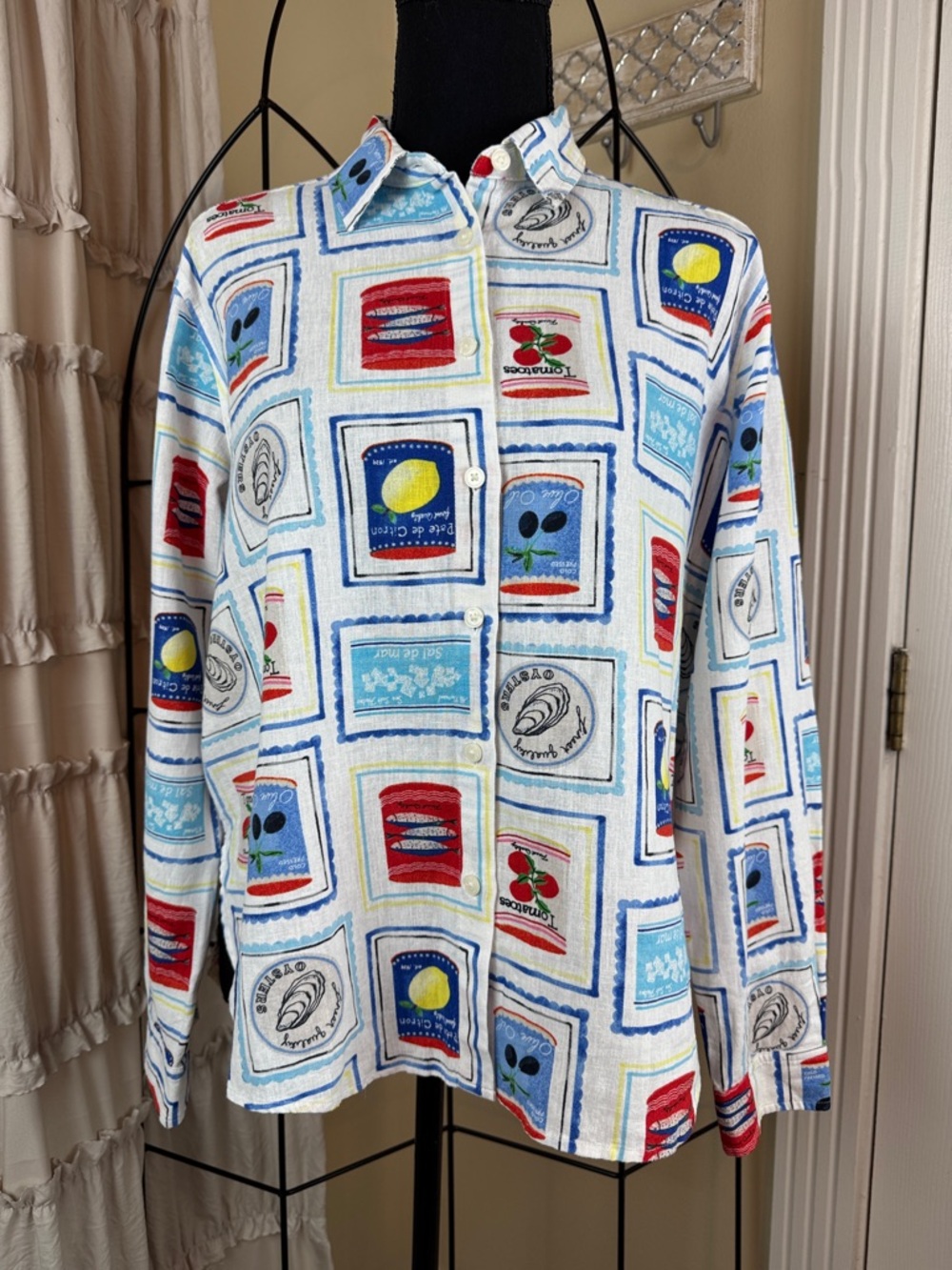 LOFT Can Print Linen Blend Relaxed Button Down Shirt Size Small Like New